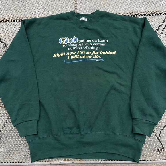 Vintage Jesus Sweatshirt Mens XL Green 1990s God Put Me On Earth Funny Sweater - Picture 1 of 6
